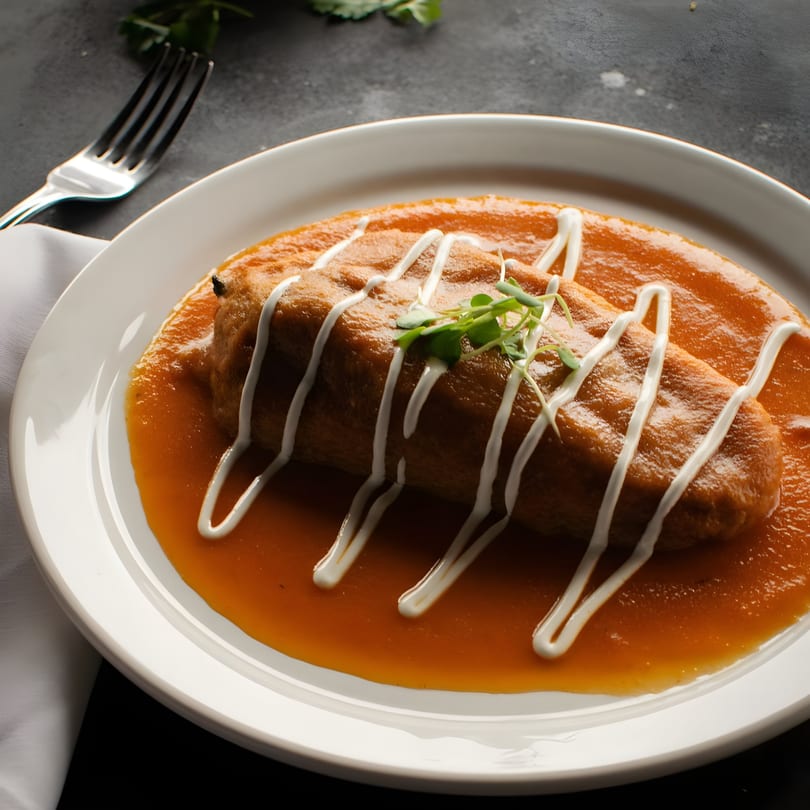 A Mexican enchilada covered in red sauce, drizzled with white cream, and garnished with herbs.